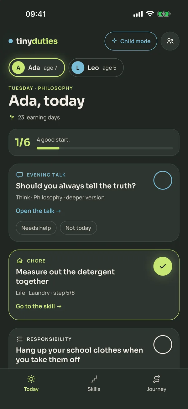 Today screen: Ada's talk, chore and responsibility cards